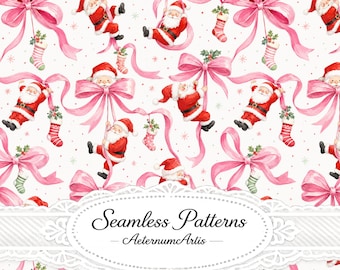 Pink Christmas Santa Bows Seamless Pattern | Watercolor Holiday Digital Paper | Cute Santa Claus Fabric Design | Christmas Ribbon Pattern