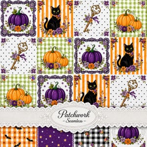 May include: A digital fabric pattern featuring a grid of square tiles with illustrations of black cats, orange and purple pumpkins, and ornate gold keys, all decorated with purple and orange flowers. A central banner displays the text Patchwork Seamless.