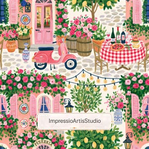 Könnte beinhalten: Illustrierte Szene einer italienischen Straße mit einem rosa Roller, einem Pizzeria-Schild und einem Tisch, der für eine Mahlzeit gedeckt ist. Das Bild zeigt rosa Gebäude, Blumen und eine rot-weiß karierte Tischdecke. Der Text "ImpressioArtisStudio" ist sichtbar.