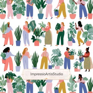 Pode incluir: Um padrão repetido com ilustrações de pessoas com várias plantas em vasos. As figuras estão vestidas com cores pastel, e as plantas variam em tamanho e tipo. O texto "ImpressioArtisStudio" está na parte inferior.