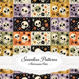 Pode incluir: Um padrão repetitivo com crânios, flores, estrelas, luas e ossos numa grelha de quadrados pretos, cor de laranja, roxos e creme. Uma etiqueta oval branca com rebordo recortado sobreposta no centro exibe o texto Seamless Patterns AeternumArtis.