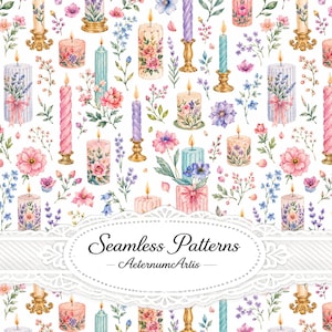 May include: A seamless pattern featuring watercolor illustrations of various candles in shades of pink, blue, and purple, accented with floral arrangements, lavender sprigs, and gold candle holders, with the text Seamless Patterns AeternumArlis.