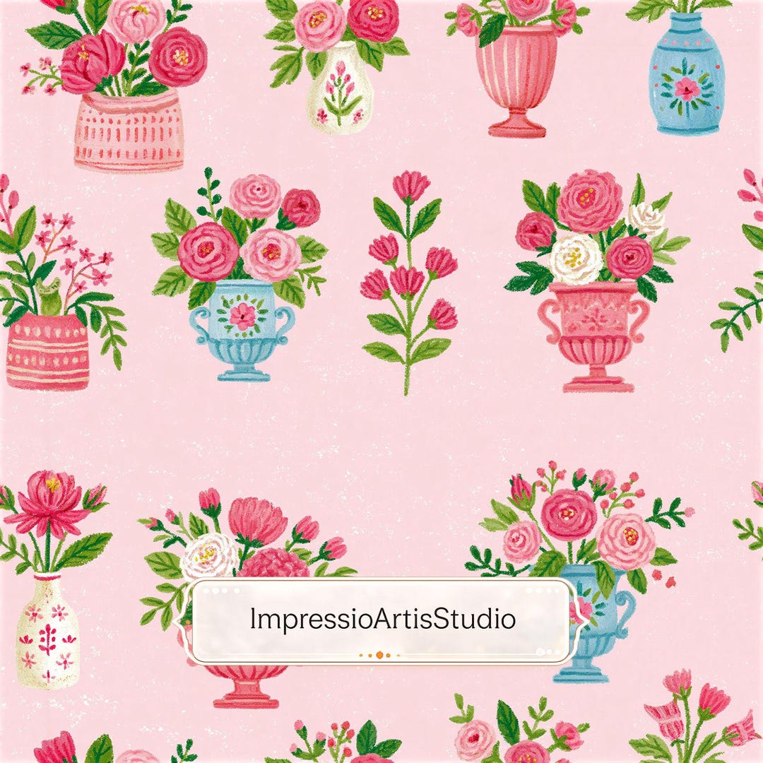 Pink Floral Vase Seamless Pattern, Romantic Rose Repeat Pattern ...