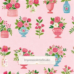 Pode incluir: Um padrão repetido de arranjos florais em aquarela em vasos sobre um fundo rosa. Os vasos são de várias cores, incluindo rosa, azul e branco, e são preenchidos com rosas rosa e brancas e outras flores. O texto "ImpressioArtisStudio" está em um retângulo branco.