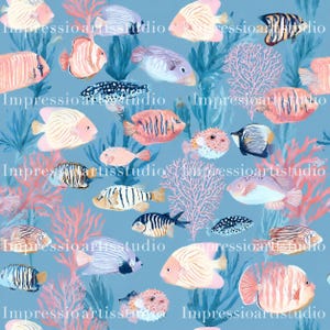 May include: A repeating pattern of colorful fish and coral on a light blue background. The fish are various shapes and sizes, with pink, white, and black stripes. Coral is pink and the text "Impressioartstudio" is repeated.