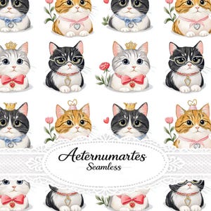 Pode incluir: Um padrão contínuo de gatos ilustrados com olhos grandes, usando coroas, laços e pingentes em forma de coração. Alguns gatos usam óculos ou estão acompanhados de pequenas flores. O texto Aeternumartes Seamless está centralizado numa moldura de renda.