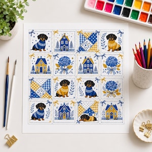 May include: A square art print featuring a grid of sixteen illustrations in blue and yellow. The designs include dachshunds wearing sweaters, houses, hydrangea bouquets, and geometric quilt patterns, all framed by small yellow bows.