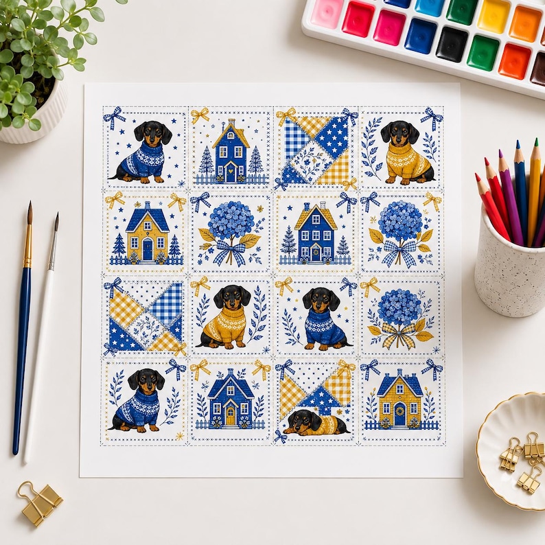 May include: A square art print featuring a grid of sixteen illustrations in blue and yellow. The designs include dachshunds wearing sweaters, houses, hydrangea bouquets, and geometric quilt patterns, all framed by small yellow bows.