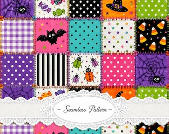 Halloween Patchwork Seamless Pattern, Cute Spooky Quilt Fabric, Witch Hat, Bat, Candy, Digital Paper, JPG 3600x3600
