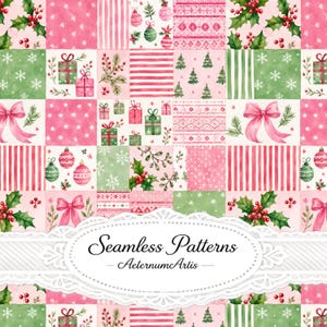 May include: A digital paper set featuring a patchwork grid of watercolor Christmas illustrations in pink, green, and white. Patterns include holly, gift boxes, bows, snowflakes, stripes, and pine trees. The text reads Seamless Patterns AeternumArtis.