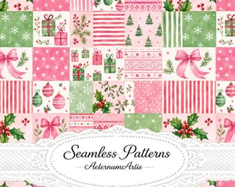 Pink Christmas Patchwork Seamless Pattern JPG | Watercolor Holiday Quilt Digital Paper | Festive Patchwork Fabric Design