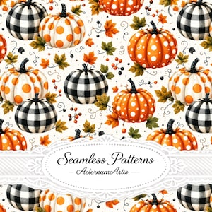 Pode incluir: Um padrão contínuo com abóboras cor de laranja com bolinhas brancas e abóboras com xadrez preto e branco, intercaladas com folhas de outono, bagas e vinhas. Uma etiqueta branca central exibe o texto Seamless Patterns AeternumArtis.