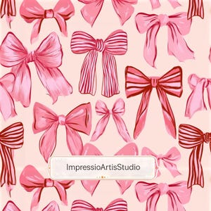 Pode incluir: Um padrão de laços rosa em vários estilos e tons, incluindo designs lisos e listrados, contra um fundo rosa claro. Os laços são pintados com um efeito aquarela. O texto "ImpressioArtisStudio" é exibido em uma faixa.