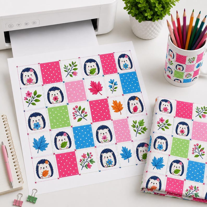 May include: A printed sheet and a fabric swatch featuring a repeating grid pattern of hedgehogs, colourful leaves, flowers, and polka-dot squares in shades of pink, blue, and green. The design includes various floral sprigs and autumn foliage.