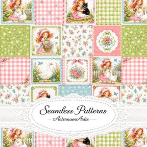 May include: A patchwork fabric design featuring repeating squares of a girl with red hair in a bonnet, white geese, black cats, pink gingham, green checkered patterns, and floral bouquets. The text Seamless Patterns AeternumArtis is centered.