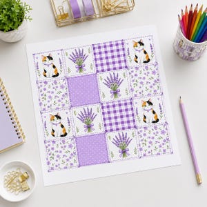 May include: A square paper print featuring a grid of sixteen alternating illustrations. The pattern includes calico cats with purple collars, bouquets of lavender tied with purple ribbons, purple gingham squares, and purple polka dot squares.
