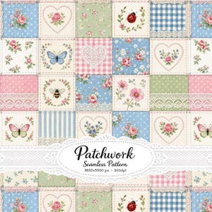 May include: A digital patchwork seamless pattern featuring a grid of squares with floral prints, gingham checks, stripes, and polka dots. The design includes motifs of hearts, butterflies, bees, and ladybugs, accented with white lace trim details.