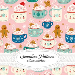 Cute Christmas Hot Cocoa Seamless Pattern | Kawaii Gingerbread & Marshmallow Mug Digital Paper | Pink Holiday Fabric Print | JPG 3600x3600