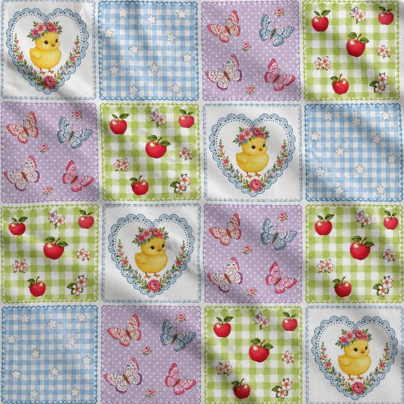 May include: A fabric pattern featuring a grid of squares with alternating designs of yellow chicks inside floral hearts, blue gingham with white stars, purple with butterflies, and green gingham with red apples and small white flowers.