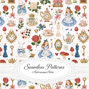 Vintage Wonderland Seamless Pattern, Storybook Digital Paper, Rabbit Tea Party Fabric Design, Whimsical Floral Surface Pattern