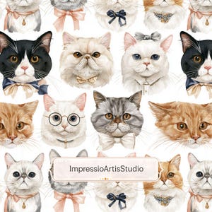 Pode incluir: Ilustração em aquarela com um padrão de vários rostos de gatos, cada um adornado com acessórios como gravatas borboleta, óculos e colares. Os gatos exibem uma variedade de cores, incluindo branco, preto, laranja e cinza, em um fundo branco. O texto "ImpressioArtisStudio" está presente.