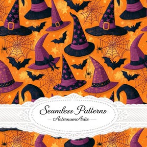 Pode incluir: Um padrão contínuo com chapéus de bruxa roxos e pretos, morcegos pretos e teias de aranha num fundo laranja. Uma etiqueta decorativa branca no centro apresenta o texto Seamless Patterns AeternumArlis numa fonte preta.