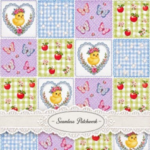 Spring Chick Patchwork Seamless Pattern, Easter Bunny Digital Paper, Butterfly Apple Gingham Fabric Print, Cottagecore Quilt, 3600x3600 px