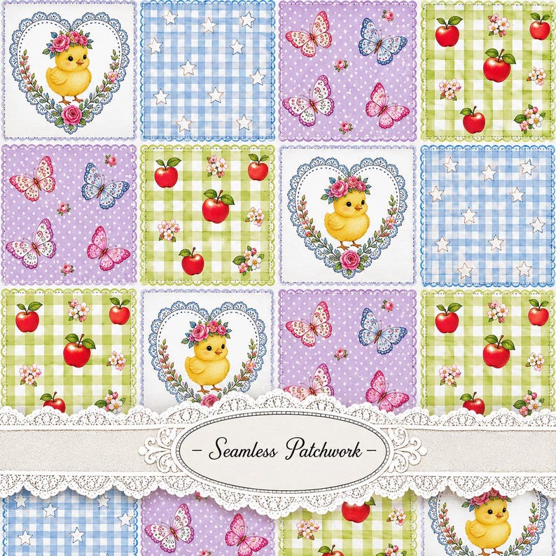 Spring Chick Patchwork Seamless Pattern, Easter Bunny Digital Paper, Butterfly Apple Gingham Fabric Print, Cottagecore Quilt, 3600x3600 px image 1