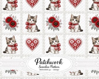 Naadloos patchworkpatroon met kittens, quiltstof met rode hartjes, digitaal papier met kattenmotief in cottagecore-stijl.