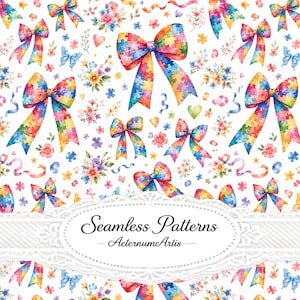 May include: A seamless pattern featuring watercolor illustrations of bows with a colorful puzzle piece print, interspersed with small floral bouquets, butterflies, hearts, and stars on a white background. The text Seamless Patterns AeternumArtis is centered.