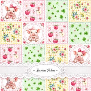Pig Seamless Pattern, Farm Patchwork Digital Paper, Apple & Clover Fabric Print, Cottagecore Quilt, 3600x3600 300 DPI