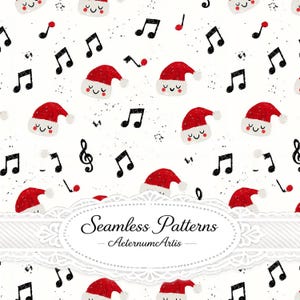 Pode incluir: Um padrão contínuo com fundo branco, notas musicais pretas e rostos sorridentes usando gorros de Papai Noel vermelhos. O design inclui uma etiqueta oval decorativa branca no centro com o texto Seamless Patterns AeternumArtis.