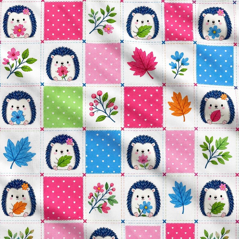 May include: A fabric pattern featuring a grid of white squares containing cartoon hedgehogs holding flowers or leaves, alternating with squares of pink, blue, or green featuring white polka dots, hearts, and various colourful botanical illustrations.