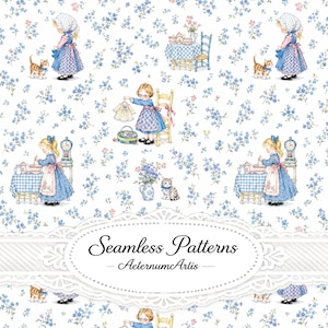 May include: A seamless pattern featuring illustrations of children in blue dresses and bonnets, tabby cats, tea tables with blue checkered cloths, and blue floral motifs on a white background. The text Seamless Patterns AeternumArtis is visible.