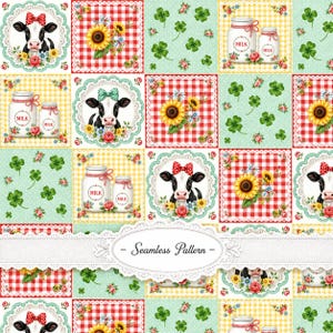 May include: A seamless pattern featuring a grid of squares with illustrations of cows wearing bows, sunflowers, red and white gingham checks, milk jars labelled MILK, and green four-leaf clovers. A central white lace banner reads Seamless Pattern.