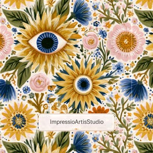 Pode incluir: Padrão floral detalhado com girassóis com centros em forma de olho, flores rosa e azuis e folhas verdes sobre um fundo creme. Ilustração botânica vibrante com diversos elementos florais.