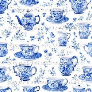 Pode incluir: Um padrão repetitivo de chávenas de chá, pires, bules e jarras de creme de porcelana azul e branca. O design floral inclui flores e folhagem azuis sobre um fundo branco. O texto "Impressioartiststudio" é visível.