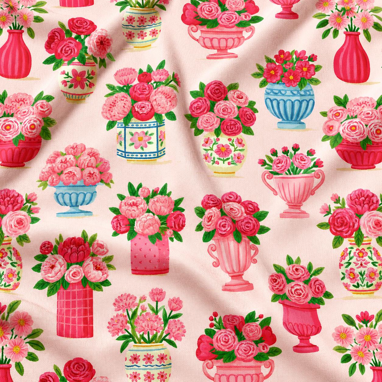 Pink Floral Vase Seamless Pattern, Romantic Rose Repeat Pattern ...