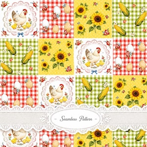 May include: A seamless pattern featuring a grid of illustrations including a hen with chicks in a lace frame, red and white gingham with eggs, yellow backgrounds with sunflowers, and green gingham with corn cobs, with the text Seamless Pattern.