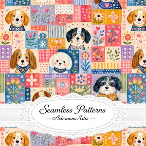 Pode incluir: Um padrão de tecido com ilustrações de várias raças de cães, incluindo spaniels e um cão branco fofo, intercaladas com motivos florais coloridos, quadrados xadrez e formas de coração. O texto Seamless Patterns AeternumArtis está centrado.