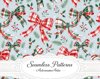 Peut inclure: Un motif répétitif composé d'illustrations à l'aquarelle de nœuds à carreaux rouges et verts, de baies de houx et de branches de pin sur un fond bleu clair à pois blancs. Une étiquette ovale blanche porte le texte Seamless Patterns AeternumArtis.