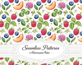 Berry Garden Seamless Pattern, Watercolor Raspberry & Blueberry Design, Cottagecore Fruit Fabric Print, Botanical Digital Paper