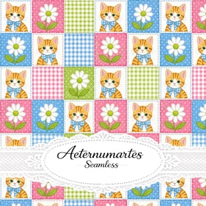 Peut inclure: Un motif répétitif de carrés représentant des chatons tigrés orange avec des nœuds bleus et des marguerites blanches sur des fonds à carreaux roses, bleus et verts. Un cadre ovale en dentelle blanche affiche le texte Aeternumartes Seamless.