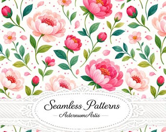 Pink Peony Seamless Pattern, Watercolor Floral Repeat Pattern, Romantic Botanical Fabric Print, Cottagecore Flower Digital Paper, Surface