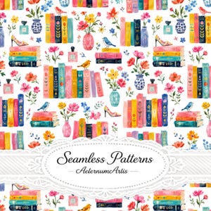 Op de afbeelding: Een naadloos patroon met aquarelillustraties van stapels boeken, kleurrijke bloemen in vazen, parfumflesjes, schoenen met hoge hakken en kleine vogels. Het ontwerp bevat de tekst Seamless Patterns en AeternumArtis in het midden.
