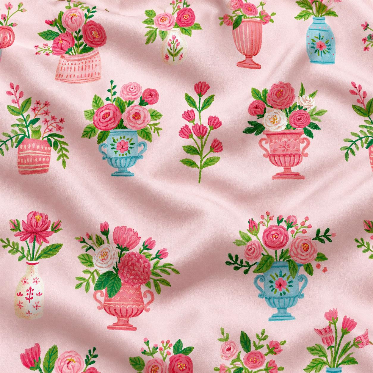 Pink Floral Vase Seamless Pattern, Romantic Rose Repeat Pattern ...