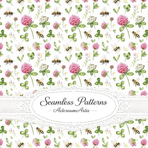Pode incluir: Um padrão contínuo com ilustrações em aguarela de abelhas, flores de trevo cor-de-rosa e brancas e folhas verdes sobre um fundo branco. Uma etiqueta oval branca com rebordo de renda no centro apresenta o texto Seamless Patterns AeternumArtis.