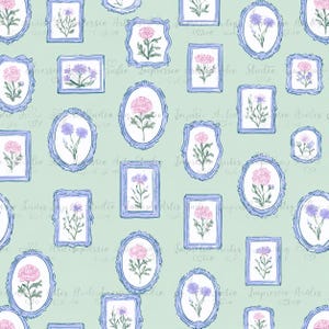 Pode incluir: Padrão repetitivo de ilustrações florais emolduradas em várias formas. As molduras são azuis claras e as flores rosas e roxas. O fundo é verde claro com as palavras "Studio Impressio Aralis" em uma fonte de script.