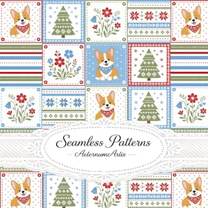 Christmas Corgi Patchwork Seamless Pattern, Holiday Puppy Quilt Design, Scandinavian Winter Fabric Print, Festive Digital Paper
