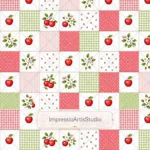 Pode incluir: Um padrão repetitivo de blocos de colcha quadrados com maçãs vermelhas, flores de macieira brancas, xadrez verde, bolinhas vermelhas e listras vermelhas. O design inclui uma etiqueta retangular central com o texto ImpressioArtisStudio.